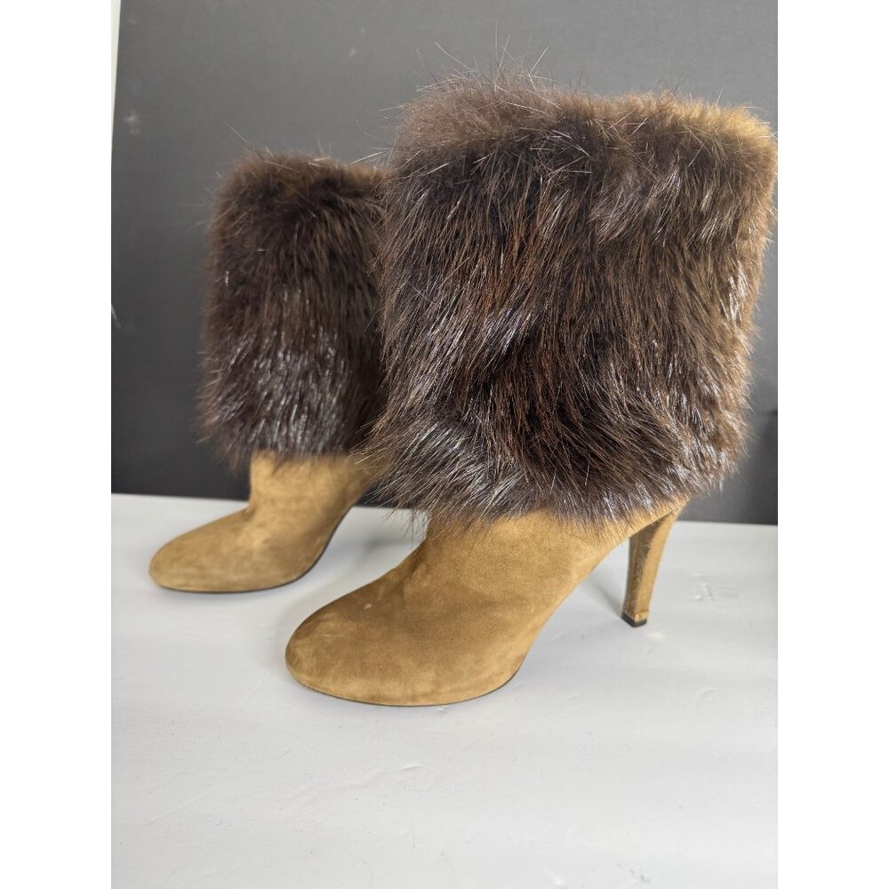 Louis Vuitton Suede Fur Trim Heel Boots Tan EU 38 Authentic Y2K - Picture 2 of 16